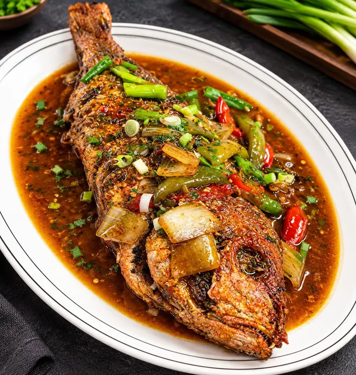 Whole brown-stew snapper with peppers, onions and scallions